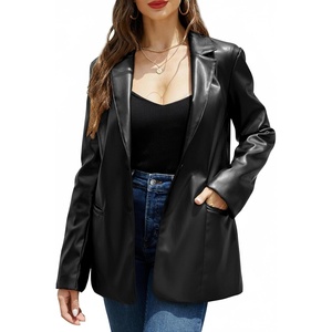 RISISSIDA Women Faux Leather Blazer Jacket,Soft PLeather PU Coat | Premium Vegan Leather,Button Down,Lapel,Spring Fall Transitional Casual Fashion,Work and Daily Wear(Black-hip Length)