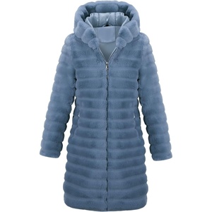 RISISSIDA Women Long Faux Fur Coat,Hooded Fleece Jacket | Stripes Pattern,Fuzzy Winter Fall Thermal Shearling Warm Fluffy Furry Overcoat,Zip Up,Side Pockets(Blue-horizontal Texture)