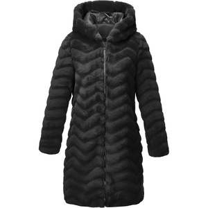 RISISSIDA Women Long Faux Fur Coat,Hooded Fleece Jacket | Stripes Pattern,Fuzzy Winter Fall Thermal Shearling Warm Fluffy Furry Overcoat,Zip Up,Side Pockets(Black-wave Texture)