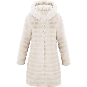 RISISSIDA Women Long Faux Fur Coat,Hooded Fleece Jacket | Stripes Pattern,Fuzzy Winter Fall Thermal Shearling Warm Fluffy Furry Overcoat,Zip Up,Side Pockets(Beige-horizontal Texture)