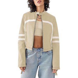 Saodimallsu Womens Faux Leather Jackets Cropped Racer Moto Biker Coats | Crop,Zip Up,Stand Collar,Motocross,Racing,Motorcycle,Casual(Apricot)
