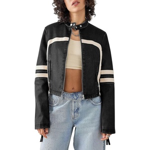Saodimallsu Womens Faux Leather Jackets Cropped Racer Moto Biker Coats | Crop,Zip Up,Stand Collar,Motocross,Racing,Motorcycle,Casual(Black)