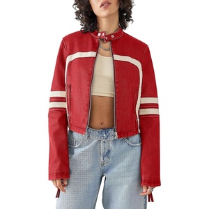 Saodimallsu Womens Faux Leather Jackets Cropped Racer Moto Biker Coats | Crop,Zip Up,Stand Collar,Motocross,Racing,Motorcycle,Casual(Red)