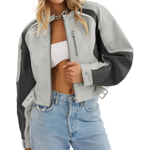 Tankaneo Womens Faux Leather Bomber Jackets Cropped Fall Moto Biker Coats | Zip Up Color Block Casual(Light Grey)