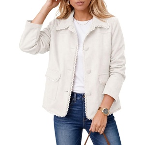 Tankaneo Womens Faux Suede Leather Jackets Trendy Casual Button Down Coats | Vintage, Fall, Spring, Lace trim, Loose fit, Pockets(Off-white)