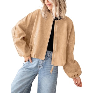 Tanming Womens Faux Suede Bomber Jacket Oversized Coats | Long Sleeve, Zip up Casual Jackets with Pockets, Cropped Motorcycle Biker Coat, Trendy Spring Fall Streetwear Outerwear(Khaki)