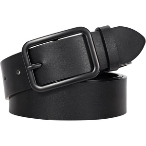 WERFORU Women Classic Black Leather Belt With Square Silver Buckle For Jeans Pants,1.3″ width(A-black With Black)