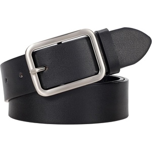 WERFORU Women Classic Black Leather Belt With Square Silver Buckle For Jeans Pants,1.3″ width(C-black With Silver)