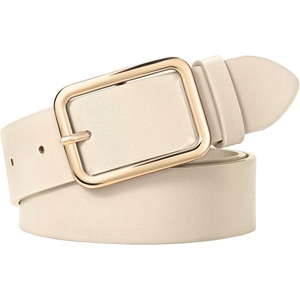 WERFORU Women Classic Black Leather Belt With Square Silver Buckle For Jeans Pants,1.3″ width(E-beige With Bright Gold)