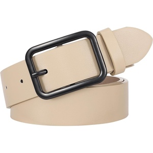 WERFORU Women Classic Black Leather Belt With Square Silver Buckle For Jeans Pants,1.3″ width(I-beige With Black Buckle)