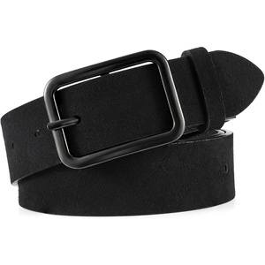 WERFORU Women Classic Black Leather Belt With Square Silver Buckle For Jeans Pants,1.3″ width(L-black With Black（suede）)