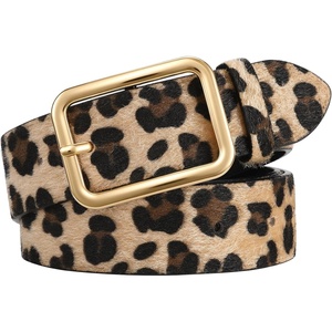 WERFORU Women Classic Black Leather Belt With Square Silver Buckle For Jeans Pants,1.3″ width(Leopard With Gold)