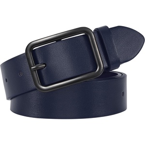 WERFORU Women Classic Black Leather Belt With Square Silver Buckle For Jeans Pants,1.3″ width(L-navy Blue With Black Buckle)