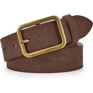 WERFORU Women Classic Black Leather Belt With Square Silver Buckle For Jeans Pants,1.3″ width(M-coffee With Bronze（suede）)