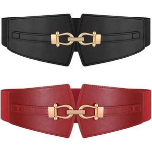 Wide Elastic Belts for Women Corset Belt with Gold Buckle for Dresses Coat | Stretch, Leather Belt, Comfy & Adjustable, 2.4″ Wide Corset Belt, Highlight Waistline, Wide Belts for Dresses Shirts Coat(Black & Red)