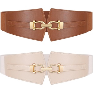 Wide Elastic Belts for Women Corset Belt with Gold Buckle for Dresses Coat | Stretch, Leather Belt, Comfy & Adjustable, 2.4″ Wide Corset Belt, Highlight Waistline, Wide Belts for Dresses Shirts Coat(Brown & Beige)