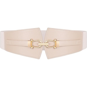 Wide Elastic Belts for Women Corset Belt with Gold Buckle for Dresses Coat | Stretch, Leather Belt, Comfy & Adjustable, 2.4″ Wide Corset Belt, Highlight Waistline, Wide Belts for Dresses Shirts Coat(Beige)