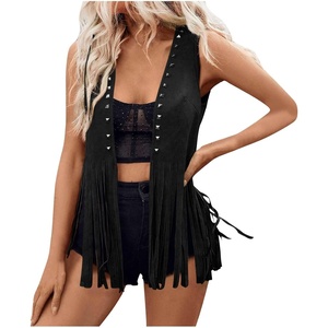 Women Fringe Vest Tops Vintage Western Classic Faux Suede Leather Open Front Sleeveless Cardigan 70s Cowboy Jacket(Black)