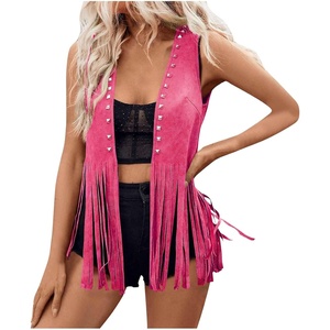 Women Fringe Vest Tops Vintage Western Classic Faux Suede Leather Open Front Sleeveless Cardigan 70s Cowboy Jacket(Hot Pink)