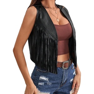 Women Leather Fringe Vest 70s Hippie Sleeveless Open Front Tassel Waistcoat Jacket Cowgirl Western Gilet Outerwear(A-black)