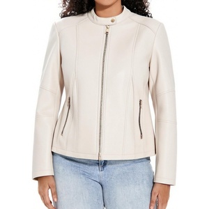 Women Plus Size Faux Leather Moto Jacket Oversized Motorcycle Coat | soft faux PU leather material,classic lapel biker design,multi zipper pockets,long sleeve moto jacket,women motorcycle coat(Beige 102)