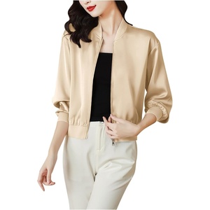 Womens Bomber Jacket Satin Silk Coat Casual Stand Collar Zip Up Lightweight Fall Fashion Jackets with Pockets(Beige)