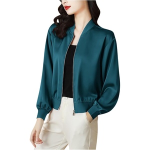 Womens Bomber Jacket Satin Silk Coat Casual Stand Collar Zip Up Lightweight Fall Fashion Jackets with Pockets(Green)
