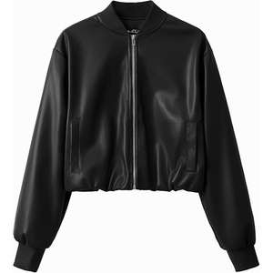 Women’s Cropped Slightly Stretch Faux Leather Zip Up Baseball Jackets with Cotton Ribbed(Black)