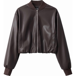 Women’s Cropped Slightly Stretch Faux Leather Zip Up Baseball Jackets with Cotton Ribbed(Chocolate)
