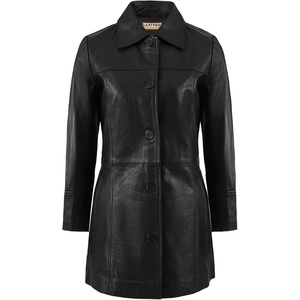 Women’s Lambskin Leather Car Coat – Classic 3/4 Length Style Overcoat(Black)