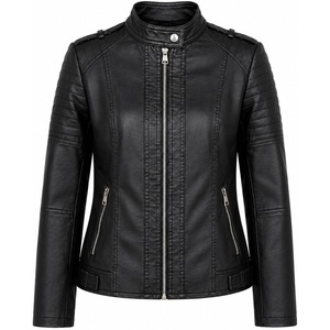 Women’s Vegan Faux Leather Lighweight Biker Jacket(Black)