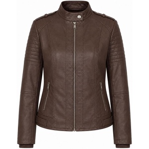 Women’s Vegan Faux Leather Lighweight Biker Jacket(Chocolate)