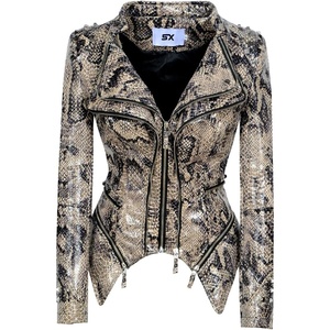 Women’s classic Lapel punk rivet leather jacket personality fashion sexy dovetail Motorcycle casual coat(Serpentine)