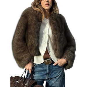 Wyeysyt Women Faux Fur Coat Cropped Fur Fluffy Winter Warm Coat | Shaggy Faux Fur Coat, Open Front Fuzzy Jacket, Short Length(Brown)