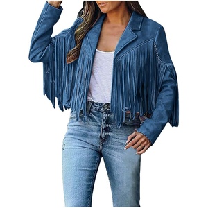YMADREIG Womens Fringe Jacket Faux Suede Leather Jackets Tassel Motorcycle Cowgirl Outfits Fall Fashion Western Crop Jacket(A02-dark Blue)