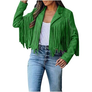 YMADREIG Womens Fringe Jacket Faux Suede Leather Jackets Tassel Motorcycle Cowgirl Outfits Fall Fashion Western Crop Jacket(A03-green)