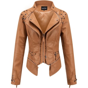 chouyatou Women’s Fashion Studded Perfectly Shaping Faux Leather Biker Jacket(Brown)