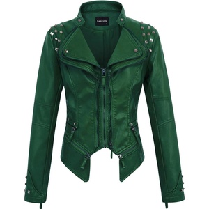 chouyatou Women’s Fashion Studded Perfectly Shaping Faux Leather Biker Jacket(Green)