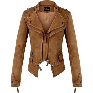 chouyatou Women’s Fashion Studded Perfectly Shaping Faux Leather Biker Jacket(Suede Brown)