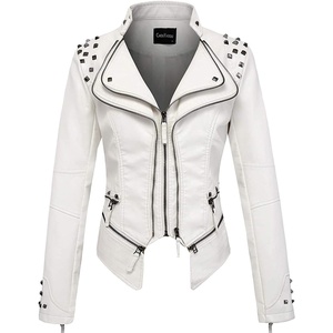 chouyatou Women’s Fashion Studded Perfectly Shaping Faux Leather Biker Jacket(White)