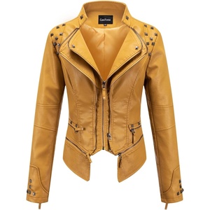 chouyatou Women’s Fashion Studded Perfectly Shaping Faux Leather Biker Jacket(Yellow)