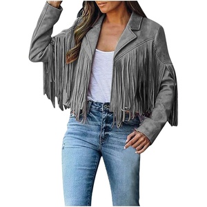 tuduoms Womens Vintage Western Fringe Jacket Tops Suede Leather 70s Cowboy Shirt Tassels Cardigan Crop Motorcycle Jacket Coat(Gray)