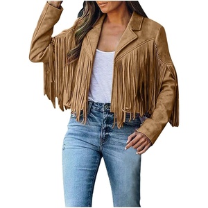 tuduoms Womens Vintage Western Fringe Jacket Tops Suede Leather 70s Cowboy Shirt Tassels Cardigan Crop Motorcycle Jacket Coat(Khaki)