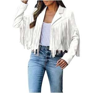 tuduoms Womens Vintage Western Fringe Jacket Tops Suede Leather 70s Cowboy Shirt Tassels Cardigan Crop Motorcycle Jacket Coat(White)
