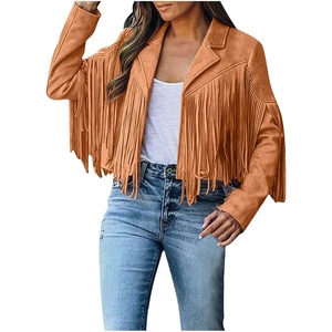 tuduoms Womens Vintage Western Fringe Jacket Tops Suede Leather 70s Cowboy Shirt Tassels Cardigan Crop Motorcycle Jacket Coat(Yellow)