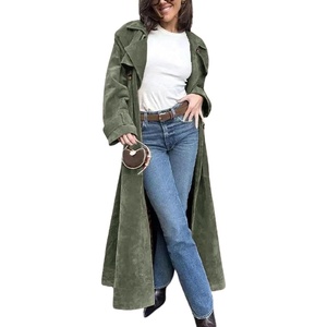 utcoco Womens Faux Suede Long Trench Coat Notched Lapel Double Breasted Pea Coat Overcoat with Belt(Army Green)