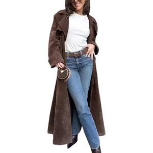utcoco Womens Faux Suede Long Trench Coat Notched Lapel Double Breasted Pea Coat Overcoat with Belt(Brown)