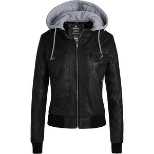 wantdo Faux Leather Jacket for Women, PU Moto Biker Bomber Motorcycle Coat | Womens Short Slim Leather Jackets Zip Up with Removable Hood Windbreaker Outwear Lightweight Coats (Standard & Plus Size)(Black(lightweight))