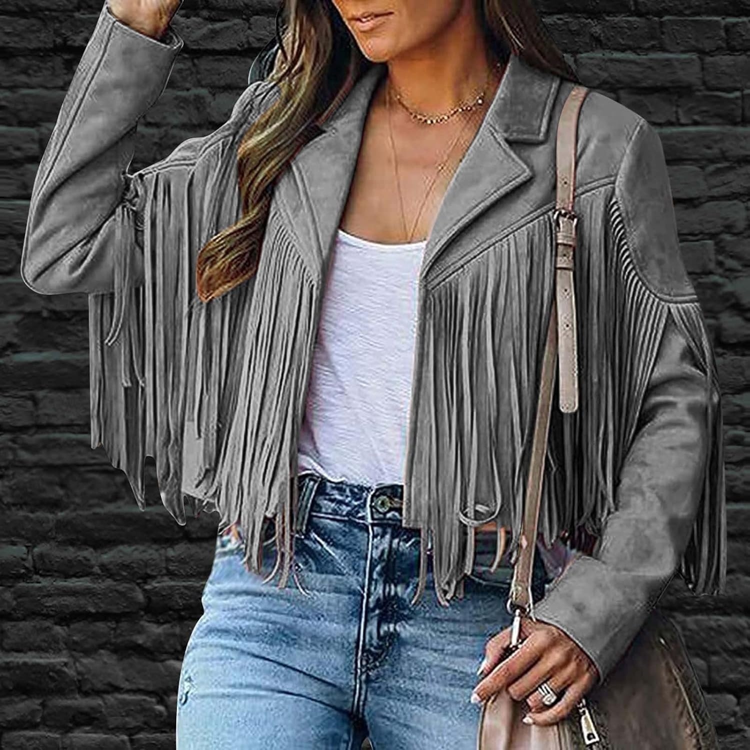 image:imagetuduoms Womens Vintage Western Fringe Jacket Tops Suede Leather 70s Cowboy Shirt Tassels Cardigan Crop Motorcycle Jacket CoatGray