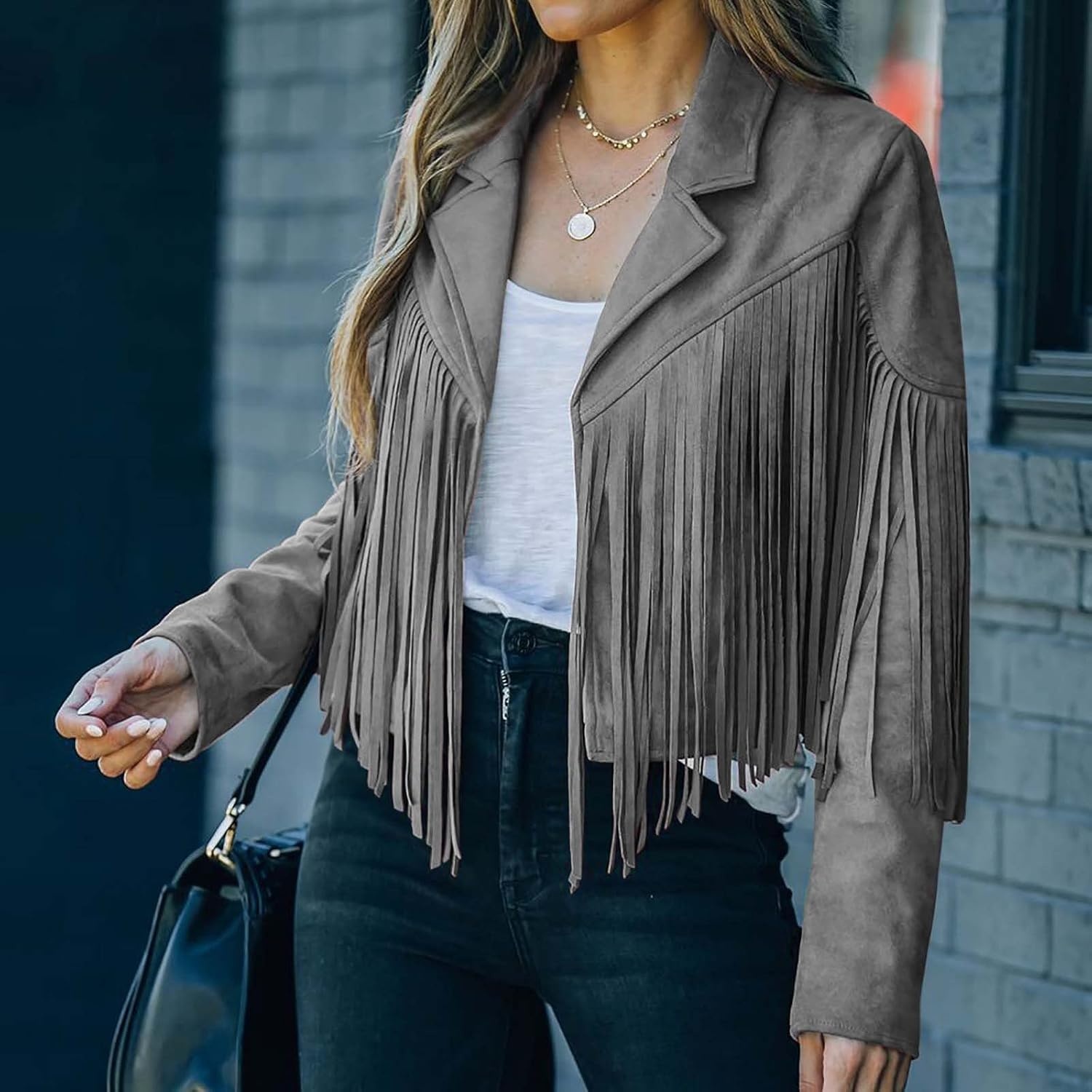 image:imagetuduoms Womens Vintage Western Fringe Jacket Tops Suede Leather 70s Cowboy Shirt Tassels Cardigan Crop Motorcycle Jacket CoatGray